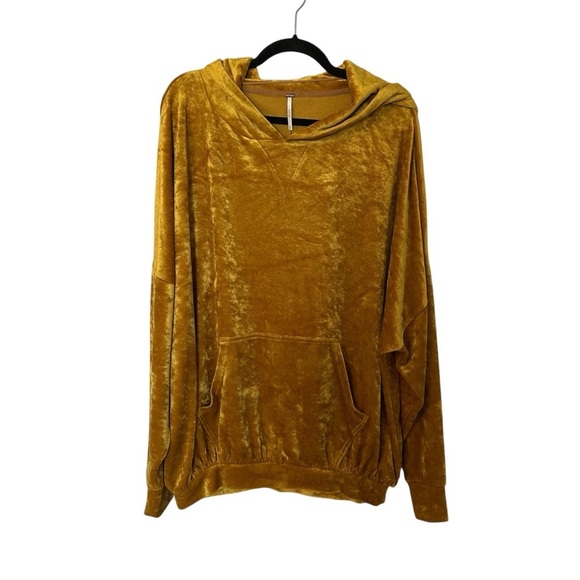 Free People Women’s Gold Slouchy Velour V-Neck Hooded Pullover Sz XS GUC - Picture 1 of 9